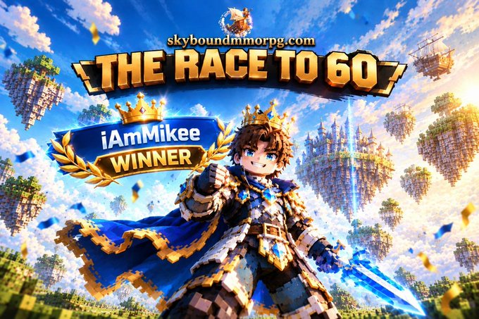A vibrant promotional image for skyboundmmorpg.com titled 'THE RACE TO 60' announcing 'iAmMikee WINNER,' featuring a pixelated blue-haired knight character with a sword amid floating sky islands.