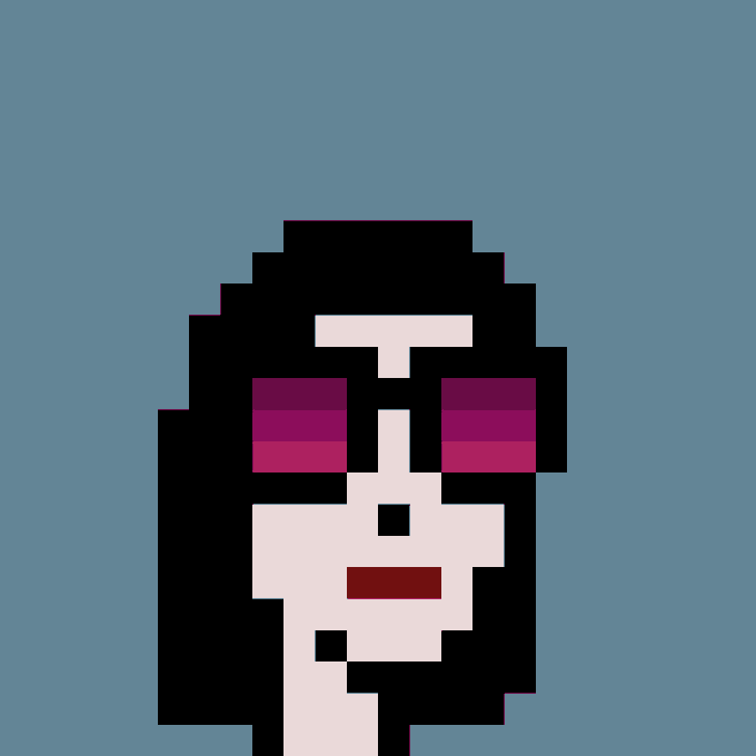 A pixelated portrait of a hooded figure with magenta and dark purple eyes against a blue background, representing CryptoPunk #2654, which was sold for 86 ETH ($134,968 USD).