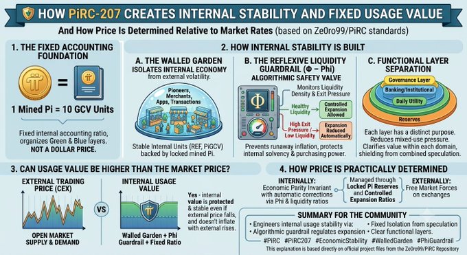 The image is an infographic explaining how PiRC-207 creates internal stability and fixed usage value, detailing a fixed accounting foundation (1 Mined Pi = 10 GCV Units), internal mechanisms like the Walled Garden and Phi liquidity guardrail, and how price is determined relative to external market rates. The accompanying post summarizes these concepts, emphasizing that Pi's internal value is protected by algorithmic and locked reserves, which complements rather than competes with open-market speculation.