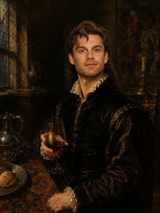 A classical Renaissance-style portrait depicts a man in dark, richly textured period clothing holding a glass of red wine at a dimly lit table with bread and grapes. The accompanying caption "They're saying I cant be the best spokesman for Bitcoin" humorously contrasts his noble, aristocratic appearance—evoking historical wealth and refinement—with the modern, decentralized nature of cryptocurrency, suggesting he looks too "old money" or traditional to represent digital currency.