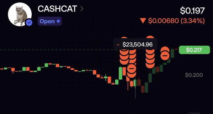 A trading chart for the CASHCAT token shows a sharp dip to $0.197 (down 3.34%) with a large $-23,504.96 sell order visible, before buyers pushed the price back up to $0.217, illustrating the post's claim that panic sellers were absorbed by strong bidders who recovered the price.