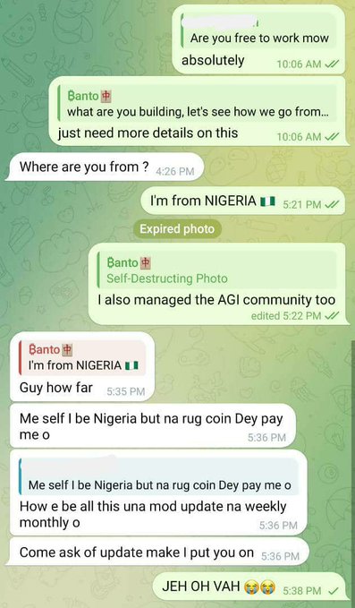A WhatsApp chat screenshot shows a conversation where someone introduces themselves as being from Nigeria with a Nigerian flag emoji, followed by the other person requesting a "mod update" before the final reply "JEH OH VAH 😭😭" expressing surprise or frustration.