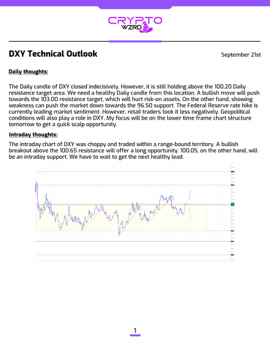 A financial analysis document from 'CRYPTO WZRD' dated September 21st titled 'DXY Technical Outlook' discussing the Daily candle of DXY, 100.20 target, 103.00 resistance, 96.50 support, 100.65 resistance, and 100.05 support, accompanied by an intraday chart.