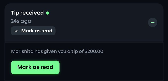 A notification reading "Tip received: Morishita has given you a tip of $200.00" displayed in a dark-themed app interface. The image corresponds to the post, showing that the user named Morishita fulfilled the $200 tip giveaway by sending the $200 to the user, presumably after they followed @mockerbey and commented their Solana address.
