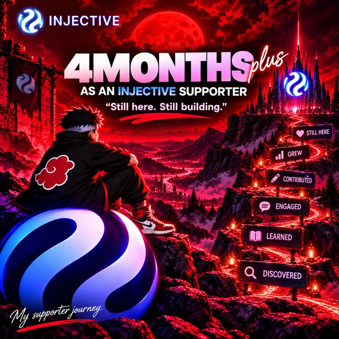 Anime-style promotional graphic for Injective celebrating a supporter's 4-month anniversary with the tagline 'Still here. Still building.' and milestones like 'Grew', 'Contributed', and 'Discovered'.