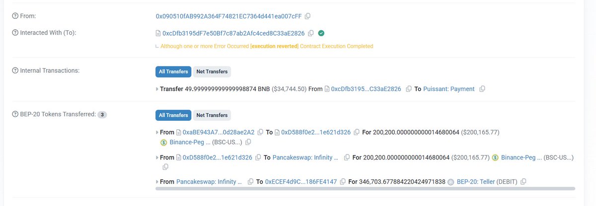 A BNB Chain transaction receipt showing a successful contract execution involving a transfer of ~49.9999 BNB ($34,744.50) to "Puissant: Payment" along with BEP-20 token transfers including 200,200 BSC-US ($200,165.77) routed through Pancakeswap: 0 and Teller (DEBIT), illustrating the bribe payment and sniping trade described in the post.
