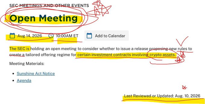 A screenshot of an SEC Open Meeting announcement scheduled for Aug 14, 2026 at 10:00 AM ET, considering new rules to create a tailored offering regime for certain investment contracts involving crypto assets.