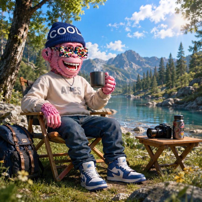 A pink furry character wearing a "COOL" beanie and pixelated sunglasses relaxes in a camping chair by a mountain lake, sipping coffee next to a camera and snack tin.

The whimsical outdoor scene contrasts with the post's message about digital privacy, ironically depicting a leisurely moment that could easily be compromised by public WiFi, oversharing location-tagged photos, and unchecked device permissions.