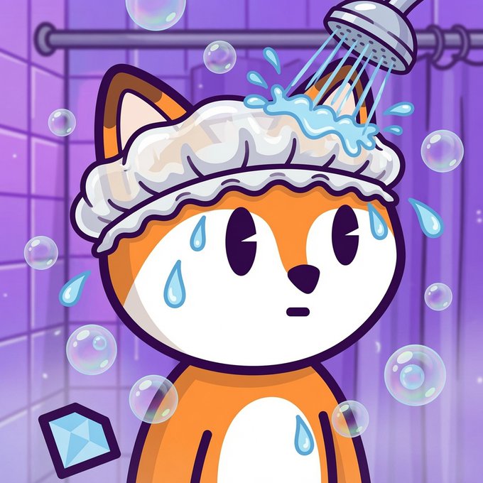 A cartoon illustration of an orange cat wearing a shower cap while water pours from a showerhead above it, set in a purple-tiled bathroom.