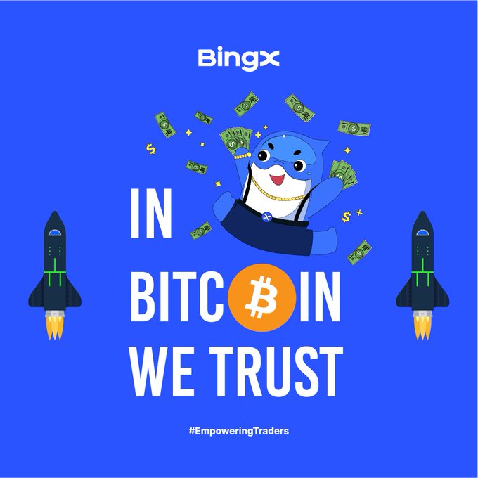 A BingX cryptocurrency promotional graphic featuring a cartoon shark mascot holding money, flanked by rockets, with the text 'IN BTC IN WE TRUST' and '#EmpoweringTraders' on a blue background.