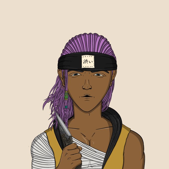 An illustrated character with dark skin and purple hair wearing a black headband with a Japanese symbol, a yellow vest, and bandages on their arm, holding a kunai knife.
