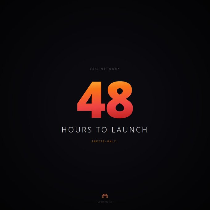A dark promotional countdown graphic for Veri Network features a large gradient "48" in orange-to-pink hues, with the text "HOURS TO LAUNCH" and "INVITE-ONLY" beneath, and the "VERIBETA.IO" logo at the bottom, reinforcing the 48-hour wait period before the invite-only email credential launch.