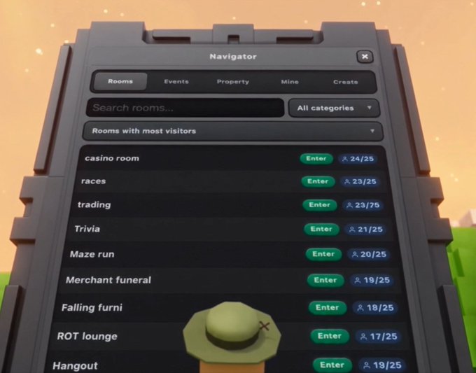 First-person screenshot from a 3D game showing a 'Navigator' menu with various room categories like 'casino room,' 'races,' and 'trading,' each with a green 'Enter' button and player counts.