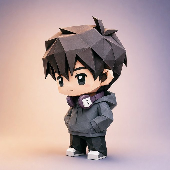 A 3D papercraft-style chibi figurine of a boy with spiky black hair, large eyes, and a slight smile, wearing a gray hoodie with headphones around his neck, black pants, and white shoes.