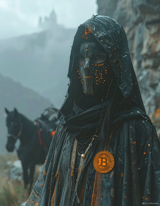 A hooded figure in dark robes wears an intricate mask and a Bitcoin medallion, standing in a misty mountainous landscape with a horse visible in the background.