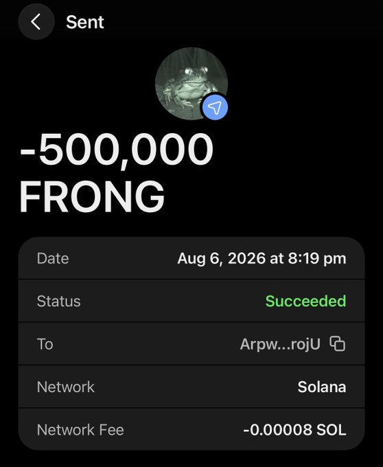 A crypto transaction screenshot showing -500,000 FRONG sent to Arpw...rojU on the Solana network, with status 'Succeeded' and a network fee of -0.00008 SOL.