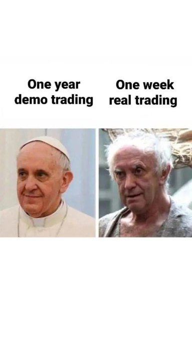A meme showing two images side by side with the text "One year demo trading" (a calm, well-groomed Pope Francis) and "One week real trading" (a disheveled, weathered man carrying a basket), humorously depicting how demo trading success quickly turns to stress and disarray once real money is on the line.
