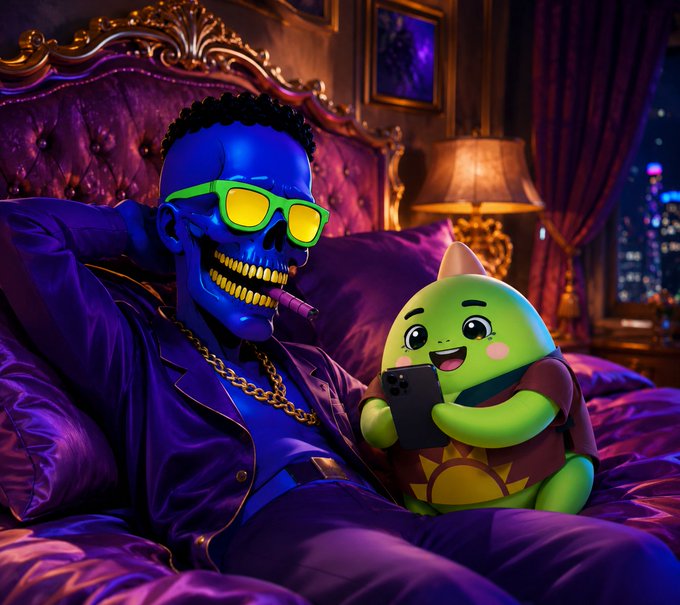A stylized digital artwork shows a blue skeleton wearing yellow sunglasses and a purple robe smoking a cigar next to a cute green character holding a smartphone on an ornate bed.