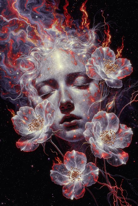 The image features a woman's face with white flowers surrounding her head. The flowers are depicted as glowing red and purple, creating an ethereal atmosphere around the woman's face. The background of the image is black, which contrasts with the vibrant colors of the flowers and accentuates their presence. The post reads "GA GA Blossoms of Silence" in the caption, suggesting that this artwork may be inspired by a quote or concept related to the theme of silent beauty and self-expression.