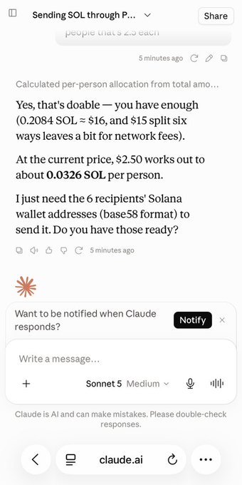 A screenshot of a Claude AI chat interface discussing sending SOL through Phantom wallet, calculating per-person allocations of '0.0326 SOL per person'.