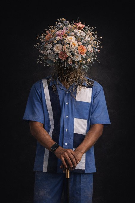 A portrait of a man in a patchwork blue denim shirt with his face obscured by an elaborate bouquet of flowers.