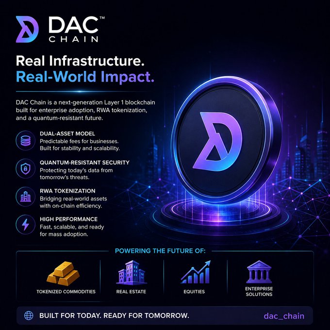 A promotional graphic for DAC Chain, described as a next-generation Layer 1 blockchain for real infrastructure and real-world impact, highlighting dual-asset model, quantum-resistant security, RWA tokenization, and high performance.