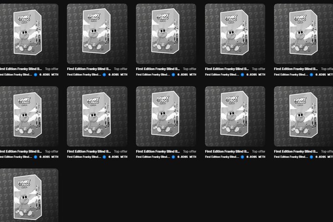 A grid displaying multiple 'First Edition Franky Blind B... Top offer' digital collectibles, each featuring a grayscale image of a cartoon Franky character and priced at 0.0285 WETH.