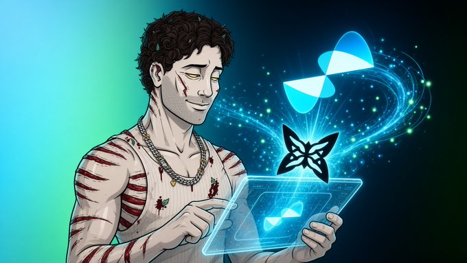 A stylized illustration of a man marked with ritualistic red stripes and wearing a gold chain interacts with a holographic blue tablet, from which a glowing butterfly emblem and a blue-and-white quantum symbol emerge. The quantum and butterfly iconography visually reinforces the post's praise for @quipnetwork's quantum capacity and reliable verification, while the mystic figure evokes the "gQuip" reference to arcane knowledge meeting cutting-edge technology.