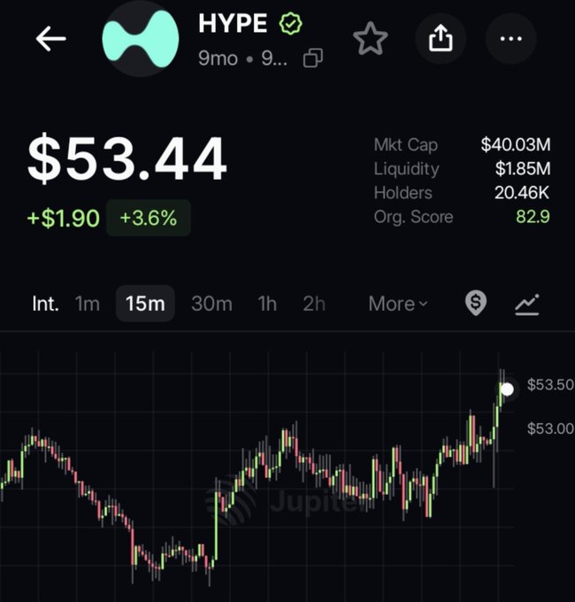 The image shows a cryptocurrency trading app displaying HYPE at $53.44, up $1.90 (+3.6%), with a market cap of $40.03M and 20.46K holders, featuring a 15-minute price chart showing recent upward momentum to $53.50. The chart's modest recovery supports the poster's hopeful plea for HYPE to reach $1k before year-end without buying the top, though the $53 price level highlights how ambitious that target remains.