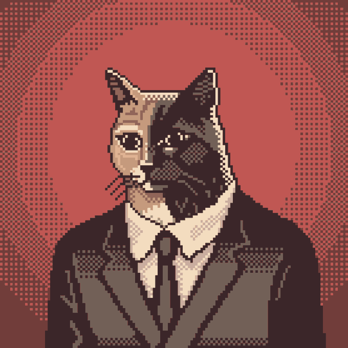 A pixel art portrait depicts a serious-looking cat wearing a black suit, white shirt, and dark tie against a red halftone background—evoking the secretive, corporate atmosphere of "PURR Inc.," the fictional cat-run company mentioned in the post.
