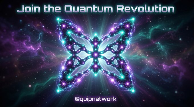 The image features a large butterfly-shaped design with blue, purple, green, and white lights shining through its center. The background of the image is filled with stars and other celestial elements, creating an immersive space theme. The text "JOIN THE QUANTUM REVOLUTION" is prominently displayed at the top of the image in a larger font size than the rest of the post. This suggests that the butterfly design represents the concept of joining the Quantum Revolution, which is a movement towards advancements in quantum computing and related technologies.