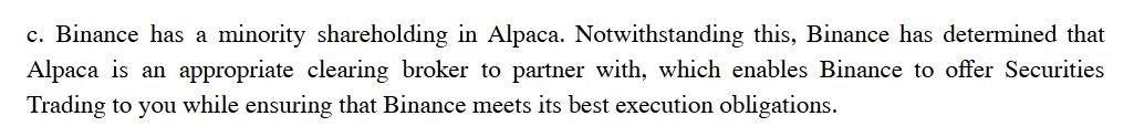 A post by Binance revealing that they hold a significant majority stake in Alpaca's tokenized US stocks and ETFs custody. The post explains the collaboration between Binance and Alpaca, where Alpaca is entitled to 50% of Binance' payments in tokenized US stock and ETFs under an agreement.