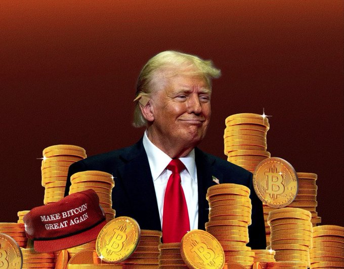 An edited image of Donald Trump smiling, surrounded by stacks of Bitcoin coins and a red MAGA-style hat reading 'MAKE BITCOIN GREAT AGAIN'.