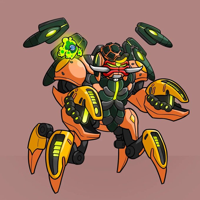 An orange and black armored mech character with green-glowing accents, tusks, and spinning disc-like rotors. It appears to be the HV-MTL EVO2 NFT being showcased, as referenced by the minting announcement and the numbered URL (9598).