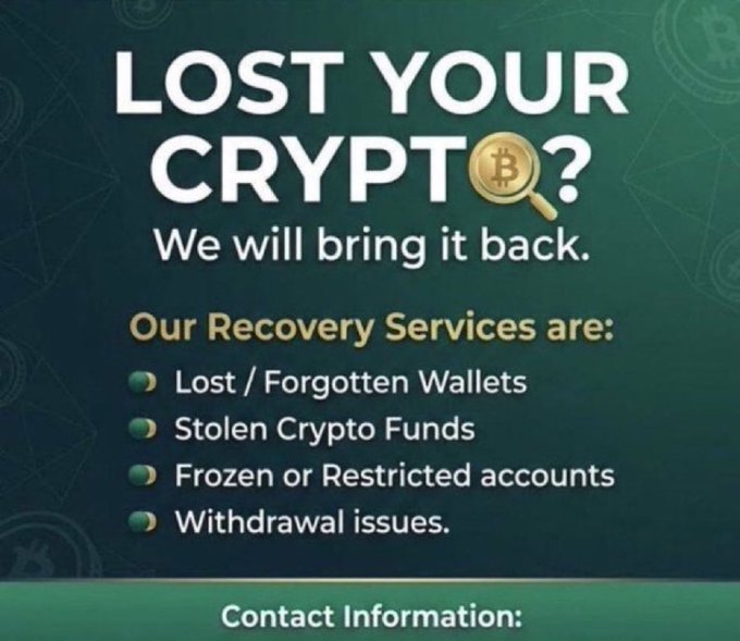 A green cryptocurrency recovery service advertisement reading 'LOST YOUR CRYPTO? We will bring it back,' listing services including Lost/Forgotten Wallets, Stolen Crypto Funds, Frozen accounts, and Withdrawal issues.