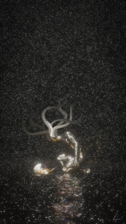 A silver humanoid figure crouching in a dark, starry void, holding a glowing object near their face with wispy white tendrils extending from their head.