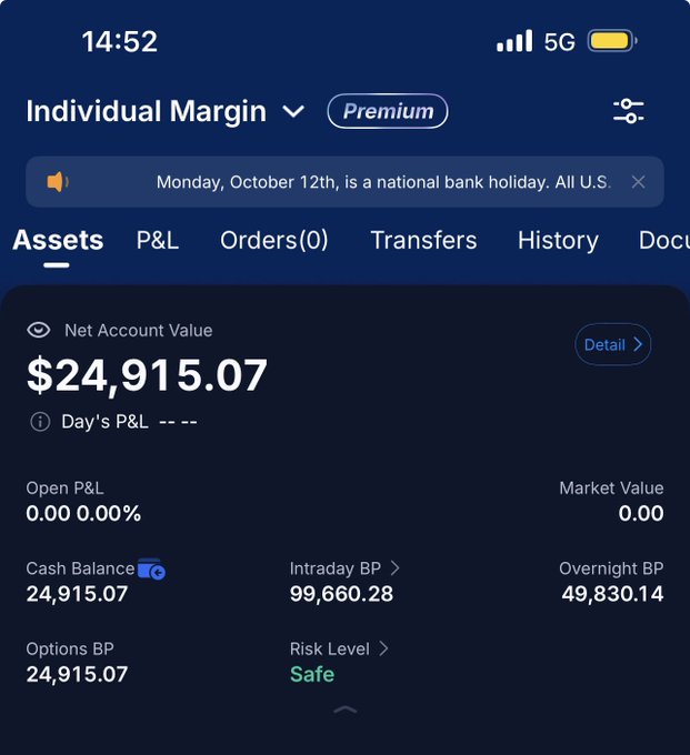 A mobile brokerage app screen shows an 'Individual Margin Premium' account with a Net Account Value of $24,915.07, Cash Balance of 24,915.07, and a 'Safe' risk level.