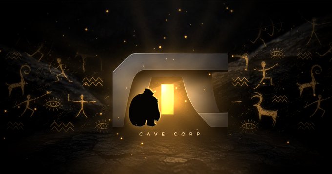 A promotional graphic for 'CAVE CORP' featuring a silhouette of a hooded figure standing in front of a glowing doorway, surrounded by ancient cave paintings of human figures and animals on a dark background.
