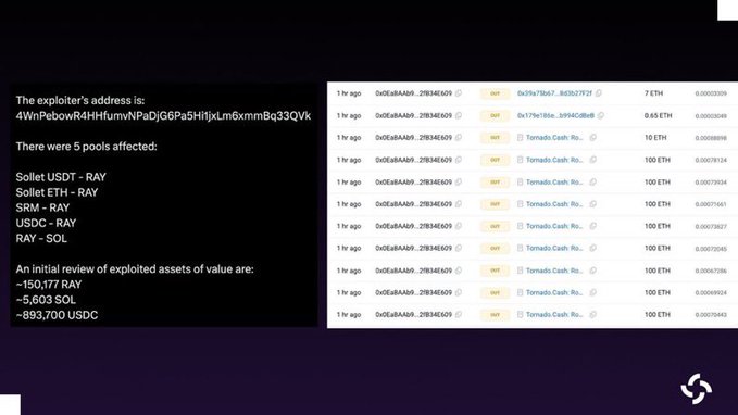 The image features a screenshot of a computer screen with a lot of information about a recent attack against a program called "AMM V3", which was found to have been affected. The attack involved withdrawing millions of dollars from various pools, with approximately $1.34 million being stolen in the case of this post's focus on Raydium and its vulnerability to attacks during the early 2000s.