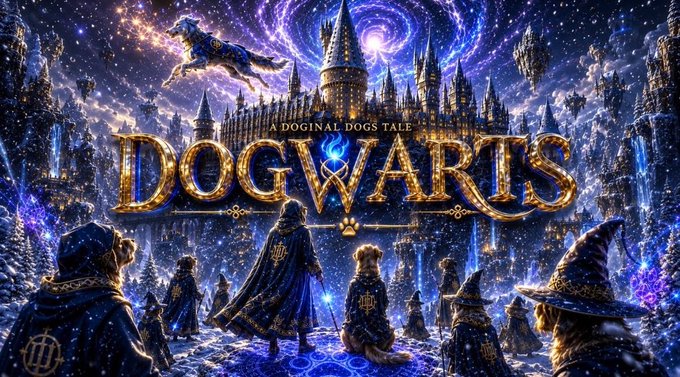 A fantasy-style poster titled "DOGWARTS - A DOGINAL DOGS TALE," featuring anthropomorphic dogs dressed as wizards and witches in a magical castle setting under a starry purple sky.