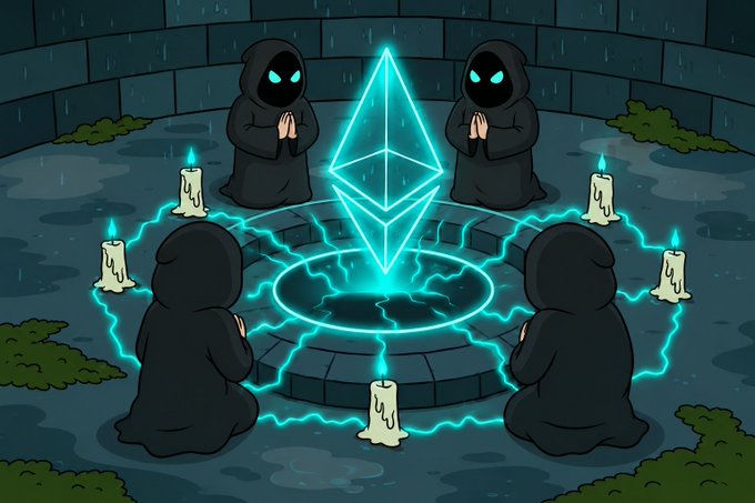 A cartoon illustration depicting four hooded figures kneeling in prayer around a glowing Ethereum (ETH) crystal/diamond symbol on a stone altar, with candles and lightning energy encircling them in a ritualistic scene.