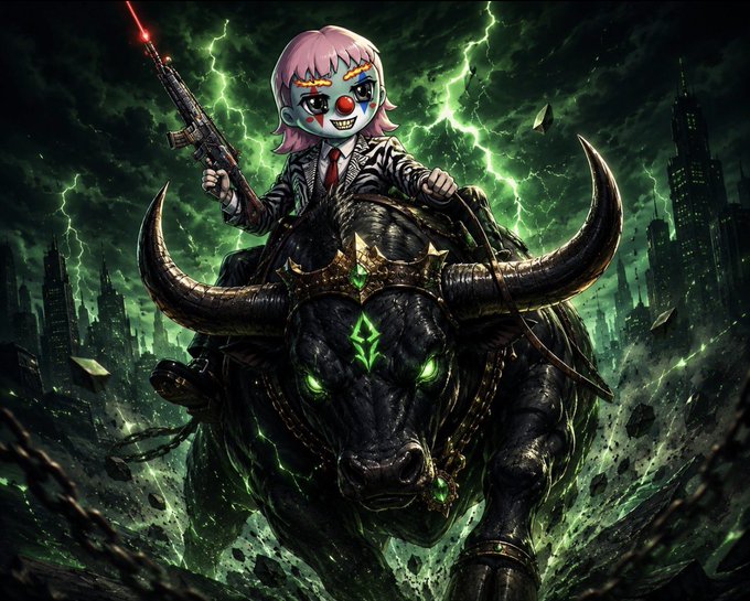 Digital artwork of a clown-like character with pink hair and a red nose, wearing a suit and wielding a glowing red gun, riding a menacing armored black bull with glowing green eyes amid a stormy, lightning-filled cityscape.