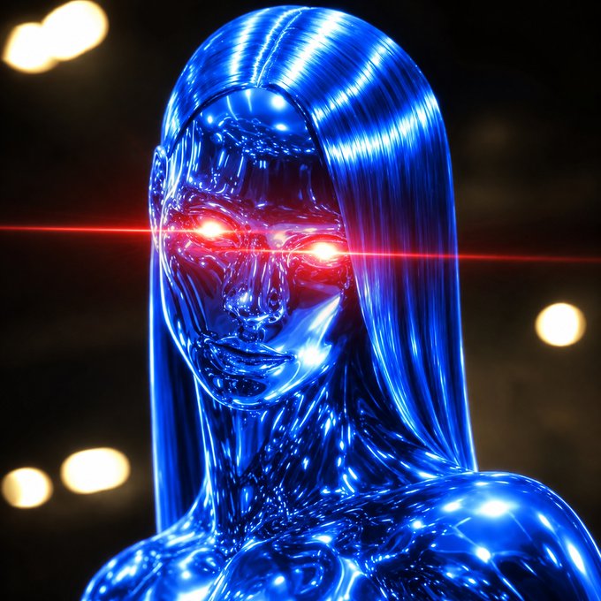 A glossy blue chrome robotic female figure with glowing red laser eyes stares forward against a bokeh light background. The futuristic, powerful imagery reinforces the post's motivational message of success and triumph.
