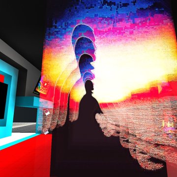 A silhouette of a person stands before a vibrant sunset projection, facing a glowing horizon on what appears to be a large display wall in an exhibition space. The scene visually echoes the phrase "The power is yours" by presenting an individual gazing toward a bright, empowering horizon, suggesting personal choice and destiny.
