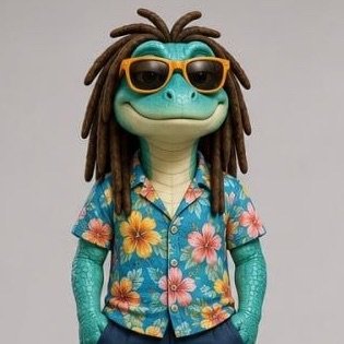 A 3D-rendered iguana with dreadlocks, sunglasses, and a vibrant floral Hawaiian shirt embodies the laid-back resilience of $ZIGGY, the Base chain mascot that endured when others faded. The relaxed, sun-soaked vibe mirrors the post's message of steady community presence amid crypto volatility.