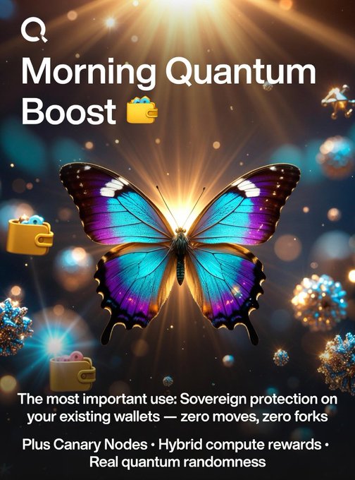 The image features a butterfly with blue, purple, and yellow colors against a dark background. The butterfly is surrounded by various objects such as a wallet, a keychain, and other items that are scattered around the butterfly. The text on the poster reads "Mornin Quantum Boost" followed by an explanation of what the boost is for.