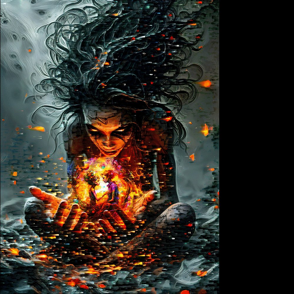 The image features a woman with long hair holding a glowing orb or crystal ball, which appears to be emitting an aura of fire. The background is dark and filled with smoke, creating an atmosphere of mystery and intrigue. The caption above the image reads "First pieces of the 1+1=1 collection minted @TransientLabs of course transient.xyz/nfts/base/0xc0 ... The next ones coming soon !".