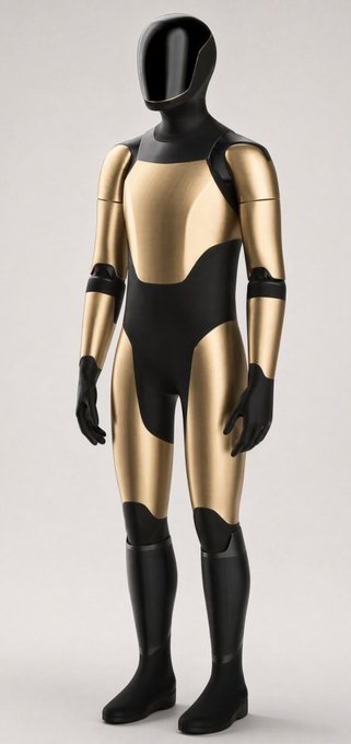 A sleek black and gold humanoid robot mannequin displayed against a plain background, resembling a futuristic robotic figure—fitting the post's excitement about pre-ordering such a sleek android-inspired suit, likely referencing Elon Musk's ventures.