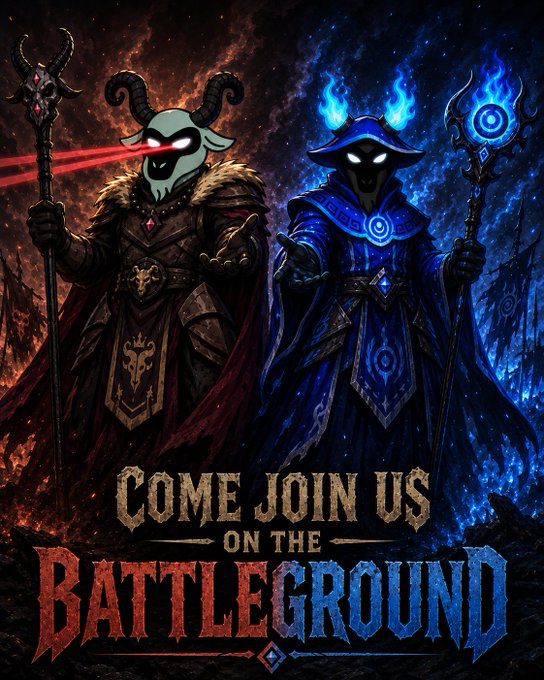 A fantasy gaming poster with the text 'COME JOIN US ON THE BATTLEGROUND' featuring two dark fantasy characters - one wielding red fire magic with horns and one wielding blue ice/magic with a flaming hat.