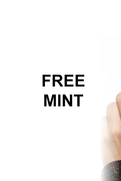 A minimalist white graphic showing the text 'FREE MINT' in bold black letters with a clenched fist visible in the lower right corner against a plain background.